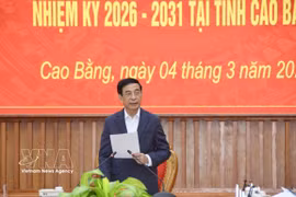 Le général Phan Van Giang effectue une mission de supervision et d’inspection des préparatifs des élections législatives à Cao Bang (Nord). Photo : VNA