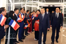 Les cadres et employés de l’ambassade, ainsi que la communauté vietnamienne en France, accueillent le dirigeant To Lam et son épouse. Photo : VNA