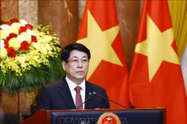 Le président Luong Cuong prend la parole lors de la réception des ambassadeurs. Photo : VNA
