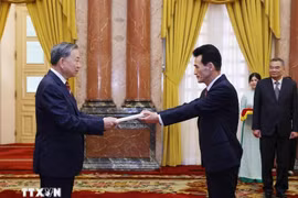 Le secrétaire général du Comité central du Parti communiste du Vietnam, Tô Lâm (gauche), reçoit l'ambassadeur de la RPDC au Vietnam, Ri Sung Guk. Photo: VNA