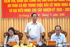 Le vice-président de l’Assemblée nationale, Tran Quang Phuong (au milieu), s'exprime à la séance de travail. Photo: VNA