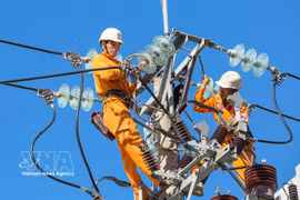 Inspection et réparation des lignes électriques pour garantir un approvisionnement en électricité sûr et continu dans les provinces du Centre. Photo : VNA