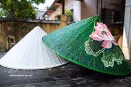 Outre le chapeau conique traditionnel, l'apparition des chapeaux en feuilles de lotus apporte un vent de fraîcheur et enrichit l'esthétique du village artisanal. Photo: VNA