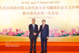 Le 31 août 2025 à Hanoï, le président de l’Assemblée nationale vietnamienne, Tran Thanh Man, et le président du Comité permanent de l'Assemblée populaire nationale (APN) de Chine, Zhao Leji, coprésident la première réunion du Comité de coopération entre les deux organes législatifs. Photo : VNA