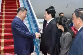 Luong Cuong, membre du Bureau politique du PCV et président du Vietnam, accueille le secrétaire général du PCC et président de la Chine, Xi Jinping, à l'aéroport international de Noi Bai. Photo : VNA