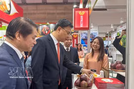 L’ambassadeur du Vietnam au Japon, Pham Quang Hieu, visite un stand présentant des fruits vietnamiens. Photo : VNA