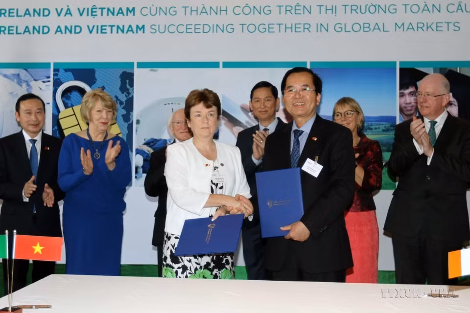 Le président d'Irlande Michael Daniel Higgins et son épouse et des dirigeants de Ho Chi Minh-Ville ont assisté à la signature d'un protocole d'accord entre les partenaires irlandais et vietnamiens, le 11 novembre à Ho Chi Minh-Ville. Photo: VNA