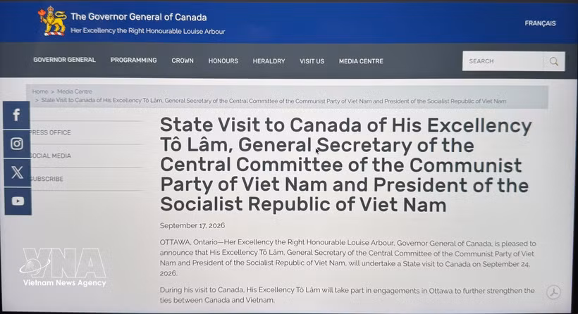 Le communiqué de presse a été publié sur le site Internet du Bureau de la gouverneure générale du Canada. Photo: VNA