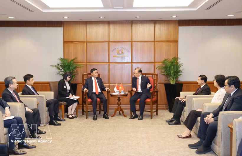 Panorama de la rencontre entre le permanent du Secrétariat du PCV, Tran Cam Tu et le président du Parlement de Singapour, Seah Kian Peng. Photo: VNA