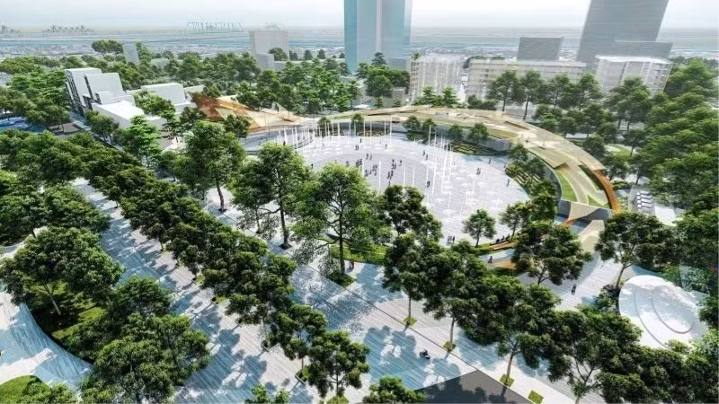 Vue d’ensemble du projet d’aménagement de la place-parc à l’est du lac Hoan Kiem, une fois les travaux achevés. Photo : Service de la construction de Hanoï
