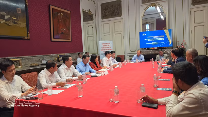 Vue d’ensemble de la séance de travail entre la délégation de la province de Phu Tho et l’Association des intellectuels et experts vietnamiens en Belgique et au Luxembourg (ViLaB), le 28 août à Bruxelles. Photo: VNA