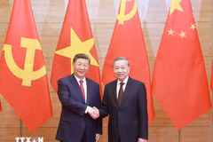 Le secrétaire général du Parti communiste du Vietnam, Tô Lâm (à droite), et le secrétaire général du Parti communiste chinois et président chinois, Xi Jinping, se serrent la main. Photo : VNA