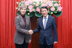 Le ministre de la Sécurité publique, Luong Tam Quang (à droite) et la ministre singapourienne du Développement numérique et de l’Information, Josephine Teo, se serrent la main, à Hanoi, le 15 janvier. Photo : VNA