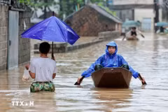 Des habitants de la commune de Quang Bi, à Hanoi, se retrouvent contraints d'utiliser de petites embarcations de fortune pour assurer leurs déplacements quotidiens. Photo: VNA