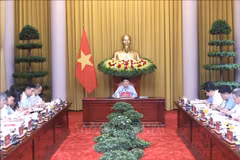 Le président de la République, Luong Cuong (centre) lors de la séance de travail avec le Bureau présidentiel, à Hanoi, le 2 juin. Photo : VNA