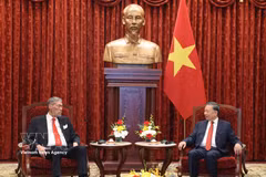 Le secrétaire général du Parti communiste du Vietnam et président vietnamien Tô Lâm (à droite) et le secrétaire général du Mouvement de la gauche unie (MIU) de la République dominicaine, Miguel Mejía, à Hanoi, le 26 octobre. Photo : VNA