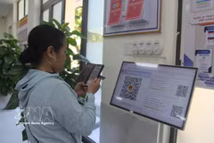 À Dà Nang, une résidente utilise un code QR pour obtenir son numéro de passage au Centre de services administratifs du quartier de Hoa Xuân. Photo: VNA