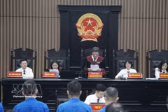 L’ancien vice-ministre Nguyên Ba Hoan et 27 autres accusés éoutent le juge Luu Ngoc Canh annoncer l'ouverture du procès. Photo; VNA