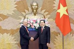 Le président de l’Assemblée nationale du Vietnam, Trân Thanh Mân (à droite), serre la main dusénateur Alberto Anaya Gutierrez, secrétaire général du Parti du Travail du Mexique. Photo : VNA