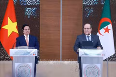 Le Premier ministre vietnamien Pham Minh Chinh (à gauche) et son homologue algérien Sifi Ghrieb lors de la conférence de presse conjointe, à Alger, le 19 novembre. Photo : VNA