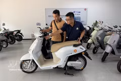 Un client se renseigne sur des motos électriques dans un magasin de motos à Cân Tho (Sud). Photo: VNA
