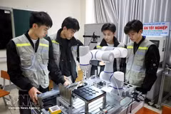 Des étudiants participent aux travaux pratiques de programmation de microcontrôleurs au Collège de technologie Viêt-Han Bac Giang. Photo : VNA