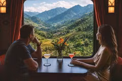 Des touristes internationaux à bord d'un train de luxe au Vietnam. Photo : SJourney