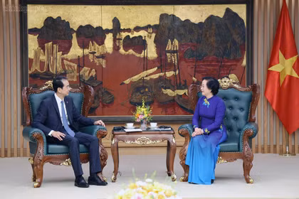 La secrétaire du Comité central du Parti et vice-Première ministre, Pham Thi Thanh Tra, reçoit l'ambassadeur de Chine au Vietnam, He Wei. Photo: chinhphu.vn
