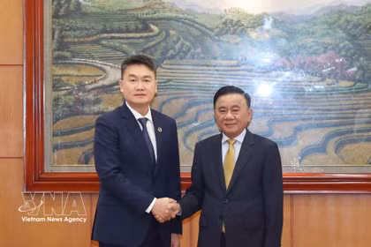 Le permanent du Secrétariat Tran Cam Tu (droite) reçoit le chef de l’Union de la jeunesse populaire révolutionnaire lao, Thongly Sisoulith. Photo: VNA