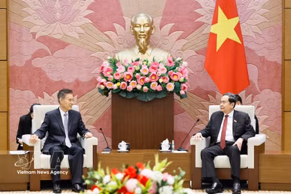 Le président de l’Assemblée nationale du Vietnam, Tran Thanh Man (droite), reçoit le président de la Commission des affaires financières et économiques de l’Assemblée populaire nationale de Chine (APN), Zhong Shan. Photo: VNA