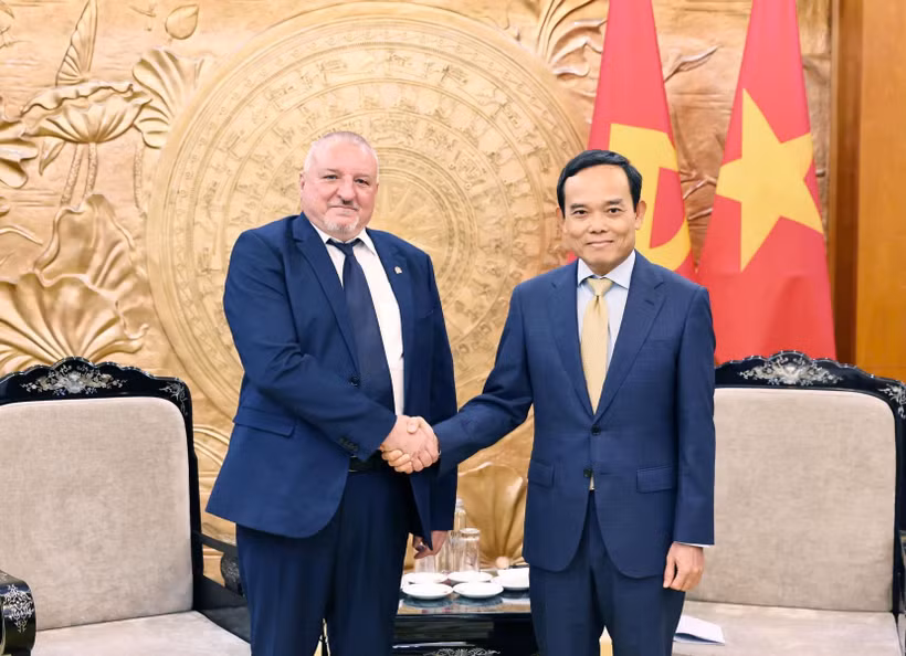 Tran Luu Quang, secrétaire du Comité central du Parti communiste du Vietnam (droite) et le président du Parti socialiste hongrois Komjáthi Imre. Photo : VNA