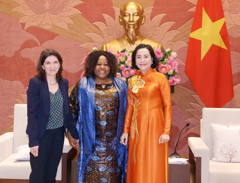 La vice-présidente de l’Assemblée nationale, Nguyên Thi Thanh, a reçu mardi, 4 mars, à Hanoï Caroline Nyamayemombe,, eprésentante en chef de l’ONU Femmes au Vietnam, et Michaela Bauer, représentante adjointe de l’UNICEF au Vietnam. Photo : VNA