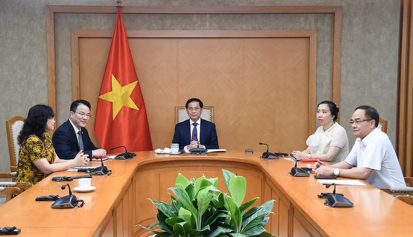 La délégation vietnamienne lors de l'entretien en ligne. Photo : VNA 