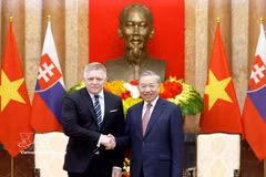 Le secrétaire général du Parti communiste du Vietnam et président de la République To Lam (droite), reçoit le Premier ministre slovaque, Robert Fico. Photo: VNA