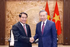 Le secrétaire général du Parti communiste du Vietnam (PCV) et président de la République, To Lam (droite), reçoit Athsaphangthong Siphandone, secrétaire du Comité municipal du PPRL et président du Conseil populaire de Vientiane, en visite de travail au Vietnam. Photo: VNA