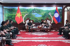 Séance de travail entre la délégation de l'Académie de médecine militaire du Vietnam et les dirigeants du ministère lao de la Défense. Photo : VNA