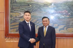 Le permanent du Secrétariat Tran Cam Tu (droite) reçoit le chef de l’Union de la jeunesse populaire révolutionnaire lao, Thongly Sisoulith. Photo: VNA