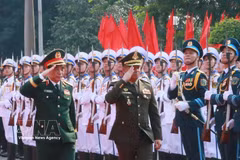 Les deux ministres de la Défense passent en revue la garde d'honneur de l'Armée populaire du Vietnam. Photo : VNA