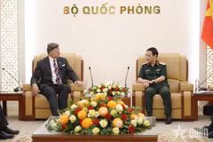 Le général d’armée Phan Van Giang (droite), vice-Premier ministre et ministre de la Défense, reçoit le vice-secrétaire d’État américain Christopher Landau. Photo: qdnd.vn