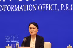 Lu Xinning, vice-présidente du gouvernement populaire du Guangxi (Chine), présente le projet de Centre de coopération Chine-Vietnam pour l’application de l’IA. Photo : VNA