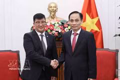 Le ministre vietnamien des Affaires étrangères, Le Hoai Trung (droite), reçoit l’ambassadeur de Mongolie, Jigjee Sereejav. Photo: VNA