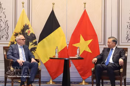 Le secrétaire général du Parti et président vietnamien, To Lam (droite), a rencontré le 23 octobre le ministre-président du Gouvernement flamand, Matthias Diependaele. Photo : VNA