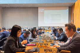 La Mission permanente du Vietnam auprès des Nations Unies, de l'Organisation mondiale du commerce (OMC) et d'autres organisations internationales à Genève (Suisse) lors du troisième Examen des politiques commerciales (EPC) du Cambodge au siège de l'OMC. Photo: VNA 