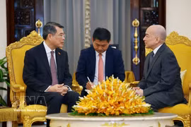 Le Premier ministre vietnamien Le Minh Hung (à gauche) rend une visite de courtoisie au roi du Cambodge, Norodom Sihamoni (à droite). Photo : VNA