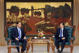 Le vice-Premier ministre Ho Quoc Dung (à droite) et Jeff Place, directeur de la chaîne d’approvisionnement chez le groupe américain Coherent. Photo : VNA