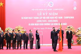 Le vice-Premier ministre et ministre des Affaires étrangères du Vietnam, Bui Thanh Son, décerne l’Ordre du Travail de première classe à l'Association d’amitié Vietnam-Cambodge. Photo : VNA