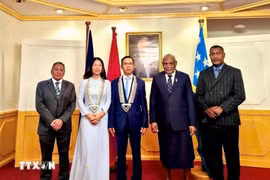 L'ambassadeur du Vietnam en Australie et aux Îles Salomon, Pham Hung Tam (centre) présente ses lettres de créance au gouverneur général et président du Parlement des Îles Salomon, John Patteson Oti, à Honiara, capitale des Îles Salomon, le 5 mars. Photo : VNA