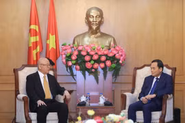 Tran Luu Quang (à droite), secrétaire du Comité central du Parti communiste du Vietnam (PCV) et président de sa Commission des politiques et stratégies, reçoit Takebe Tsutomu, conseiller spécial de l'Alliance d'amitié parlementaire Japon-Vietnam. Photo : VNA