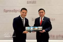 Le permanent du Secrétariat du Parti Tran Cam Tu (droite) rencontre le président du Parti d’action populaire de Singapour et ministre de l’Éducation, Desmond Lee. Photo: VNA