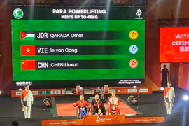 Après trois tours de compétition, l'haltérophile Le Van Cong a réalisé la meilleure performance avec un poids de 171 kg, remportant ainsi la médaille d'argent. (Photo : Équipe paralympique du Vietnam)